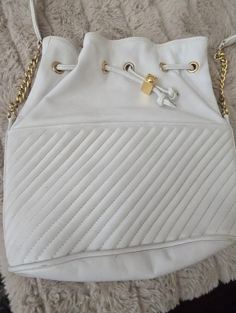 White Quilted Leather Drawstring Shoulder Bag with Gold Chain From Italy